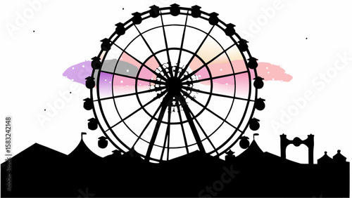 Silhouette of a ferris wheel and fairground attractions against a colorful sky background design