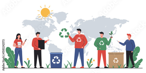 Global environmental awareness concept with diverse people promoting recycling and sustainability