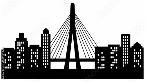 Silhouette of a city skyline with buildings and a cable stayed bridge in black and white vector art