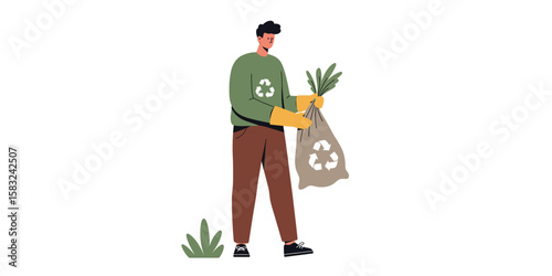 Eco-friendly man collecting leaves for recycling