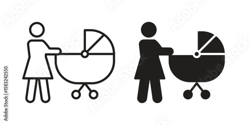 Woman with Baby Stroller icon in flat and liner trendy style for app ui designs