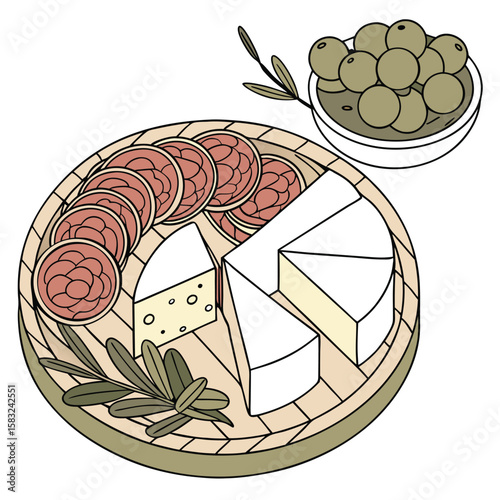 Illustration of a charcuterie board with cheese, salami, olives and rosemary sprigs on a wooden board