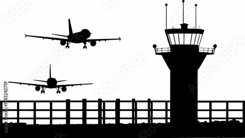 Silhouetted airport scene with two airplanes approaching and an air traffic control tower in the background