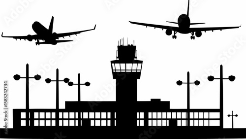Silhouette of planes approaching an airport with control tower and terminal building shown in detail