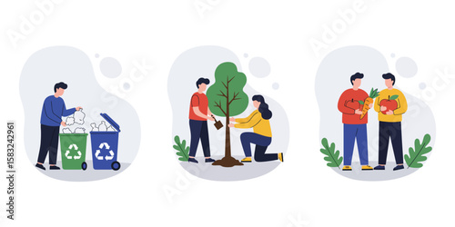 Sustainable actions: recycling, planting trees, and growing food for a greener future