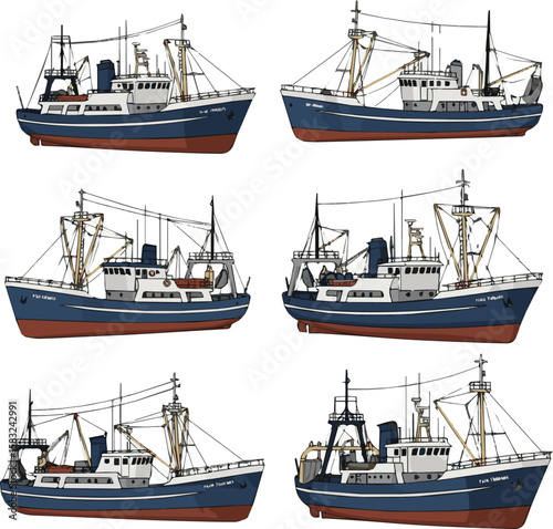 Create a kinds of deferent Trawling fishing vessel vector art with white background.