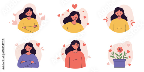 Cute cartoon emotions with hearts and flower accents