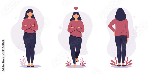 Confident woman poses with heart in minimalist flat art style