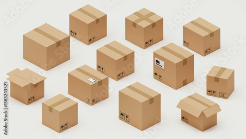 Multiple isometric cardboard shipping boxes on white background, perfect for e-commerce, logistics, delivery service websites, brochures, or presentat