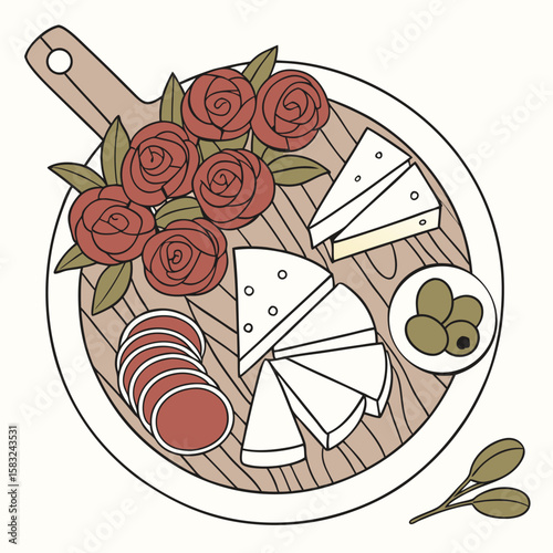 Illustration of a charcuterie board with salami cheese olives and roses on a wooden platter design