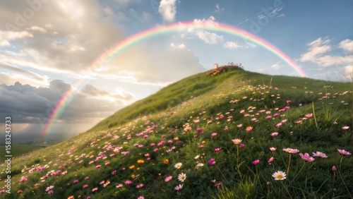 Charming meadow with colorful flowers and a rainbow under a dramatic sky