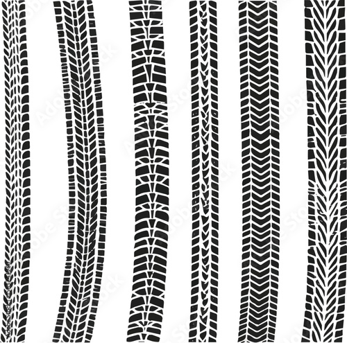 Create a kinds of deferent Winding tire track. Curved tracks, print marked pattern isolated on white background, vector car wheel dirty signs vector art with white background.