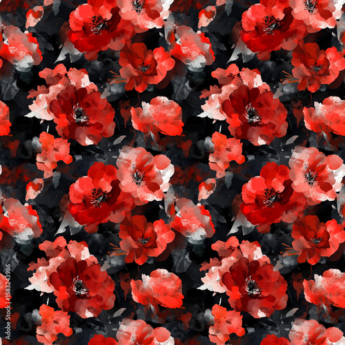 Red Blooms: a seamless pattern showcasing striking crimson blossoms against a dramatic backdrop of charcoal tones, creating a sense of artistic contrast and refined beauty.