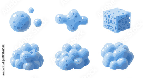 Various light blue sponge shapes including oval star cube and clustered forms on a white background