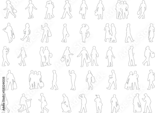 Outline silhouettes of walking people, human figures in motion, street crowd outlines, vector pedestrian sketch, diverse body shapes, casual stance illustration, city life