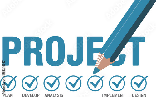 Project Completion Checklist Pencil Marking Progress on Plan, Develop, Analysis