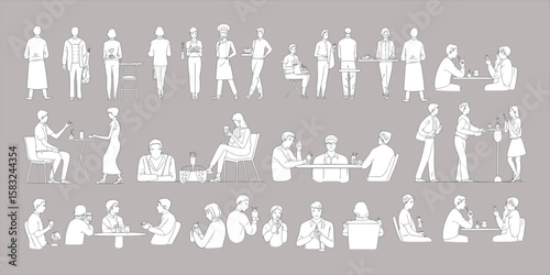 Restaurant people outline, dining scene sketch, cafe customers illustration, food and drink vector, waiter service drawing, social interaction, modern lifestyle, seated interaction, beverage time