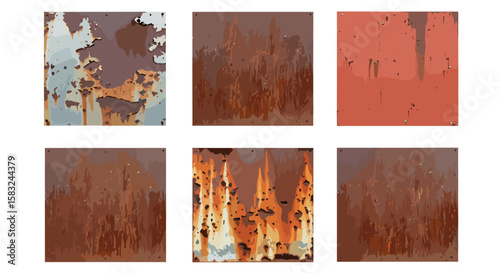 Collection of six rectangular metal sheets with varying degrees of rust and paint deterioration
