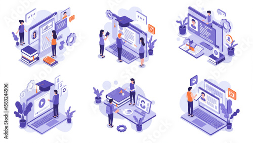 Isometric online education concept illustrations showing people learning remotely via laptops and computers; great for website banners, brochures, fly