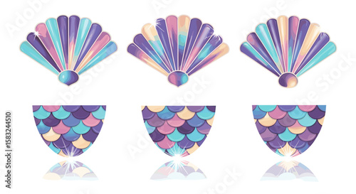 Three sets of iridescent mermaid tail and seashell designs in pastel hues arranged symmetrically
