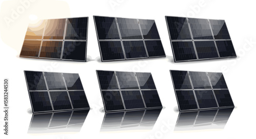 Six solar panels arranged in two rows with a bright light shining on the top left panel setup view