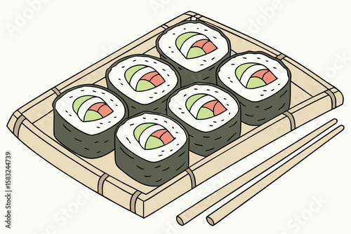 Illustration of a bamboo tray with six sushi rolls and chopsticks on a white background scene image