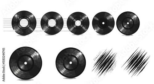Illustration of vinyl records arranged in rows with abstract brush strokes on a white background