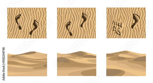 Illustrations of desert landscapes with sand dunes and footprints in the sand on a sunny day outdoors