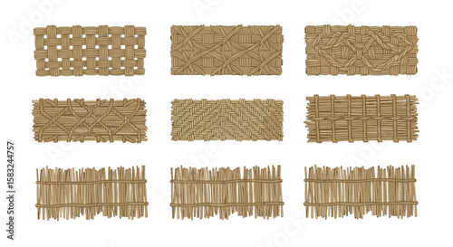 Collection of nine different straw mats and fences with various weaving patterns and construction styles