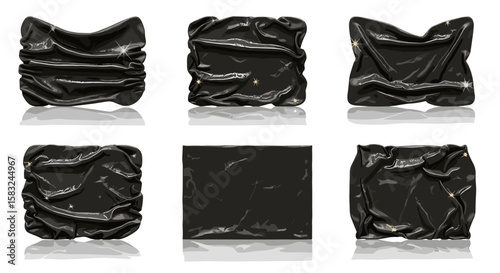 Illustration of six draped black shiny cloths with varying folds and reflective surfaces on white background
