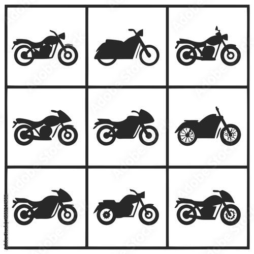 Set of motorcycle icons silhouettes featuring various bike illustration