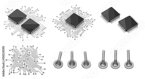 Illustration showing three groups of integrated circuits and six toggle switches in a row layout