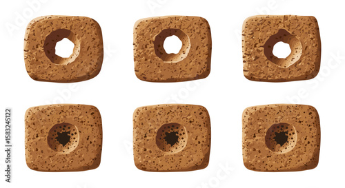 Six textured rectangular shapes with central holes arranged in a two by three grid formation on white backdrop