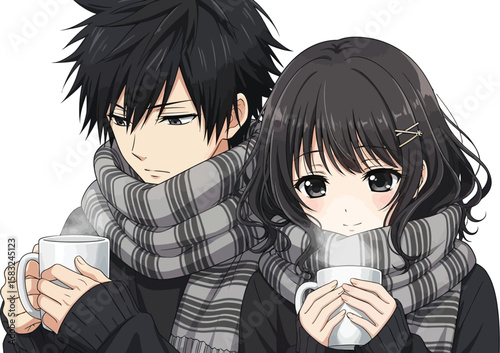 Cute anime couple warming up with drinks in scarves illustration.