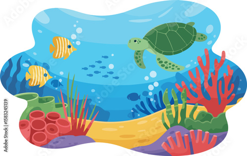 An underwater scene with colorful coral reefs and marine life. Featuring a turtle swimming alongside fishes