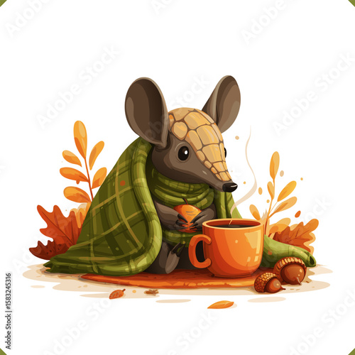 Vector illustration of a cute armadillo in green blanket with hot drink and autumn leaves, cozy warm style, perfect for fall decor and seasonal designs, isolated on white background