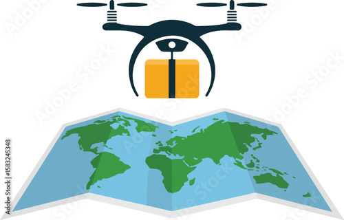 Drone delivering a package over a world map, symbolizing global delivery service
