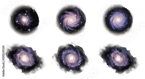 Six galaxy illustrations showing spiral patterns and star clusters on a white background view from space