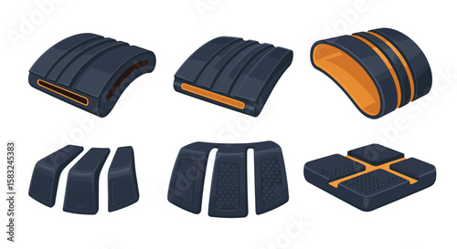 Isometric illustration showcasing six distinct dark gray and orange protective gear components in detail