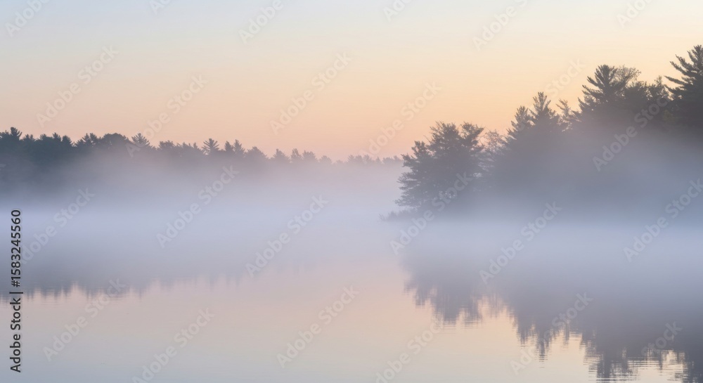 Fototapeta premium Misty Lake Sunrise with Pastel Sky and Silhouetted Trees