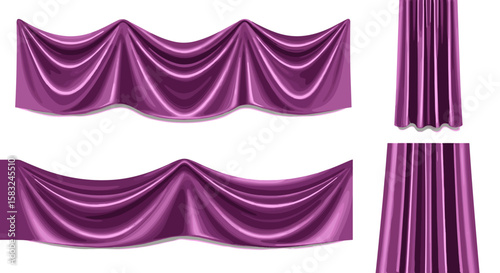 Illustration of two sets of purple curtains with draped fabric and vertical hanging folds on white