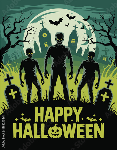 Spooky Halloween scene with zombies rising from the graves, illuminated by a full moon halloween flyer poster 2025