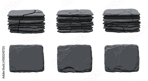 A collection of stacked and single dark gray stone slabs with rough textures and cracked surfaces displayed