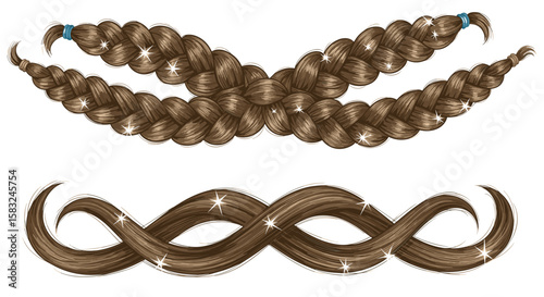 Two braids with blue hair ties and a wavy hair strand design on a white background image view