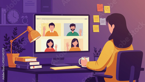 Woman Participating in Online Video Conference Team Meeting from Home Office, Ideal for Remote Work Concepts, Digital Communication, Website, Blog Pos