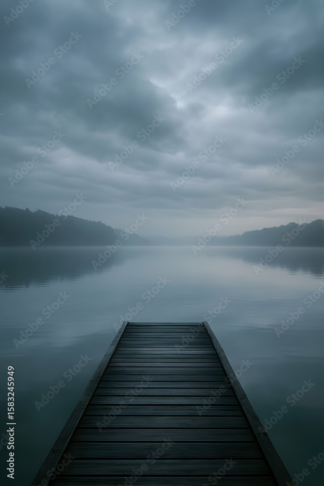 Obraz premium Misty Lake with Wooden Pier at Dawn
