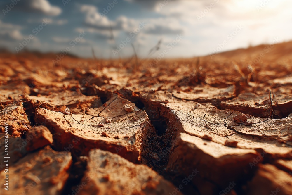 Dry cracked earth stretches under a hazy sky, sun shining above. Use this image to illustrate drought, climate change, or desert landscapes. Dry cracked earth stretches under a hazy sky, sun shining above. Use this image to illustrate drought, climate change, or desert landscapes.