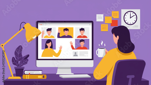 Remote work illustration: Woman from home office on video conference call with team on computer; online meeting, virtual collaboration for website, pr