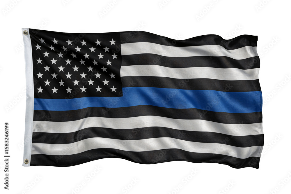 Obraz premium Thin Blue Line flag waving, studio shot, black background, law enforcement support