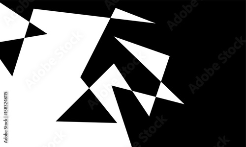 A monochrome, abstract graphic. Angular shapes in black and white are arranged as vector art,